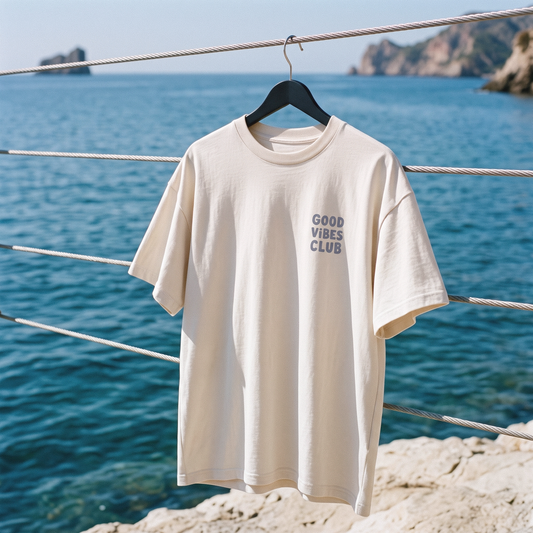 Bone Oversized Club Tee hanging beside the sea.