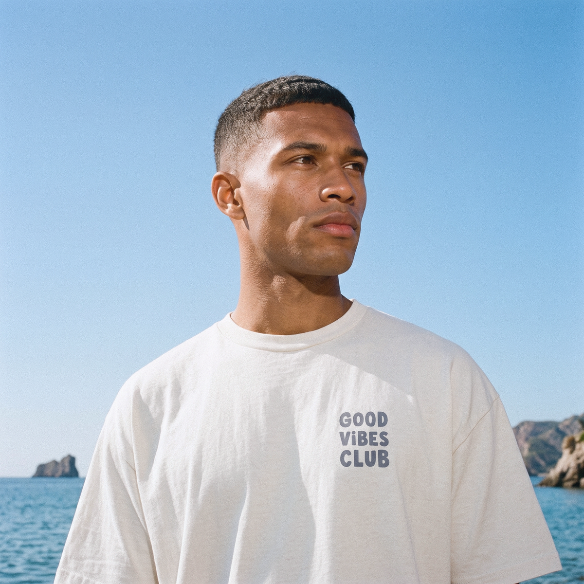 Close-up of the Good Vibes Club chest wordmark on the Bone Oversized Club Tee.