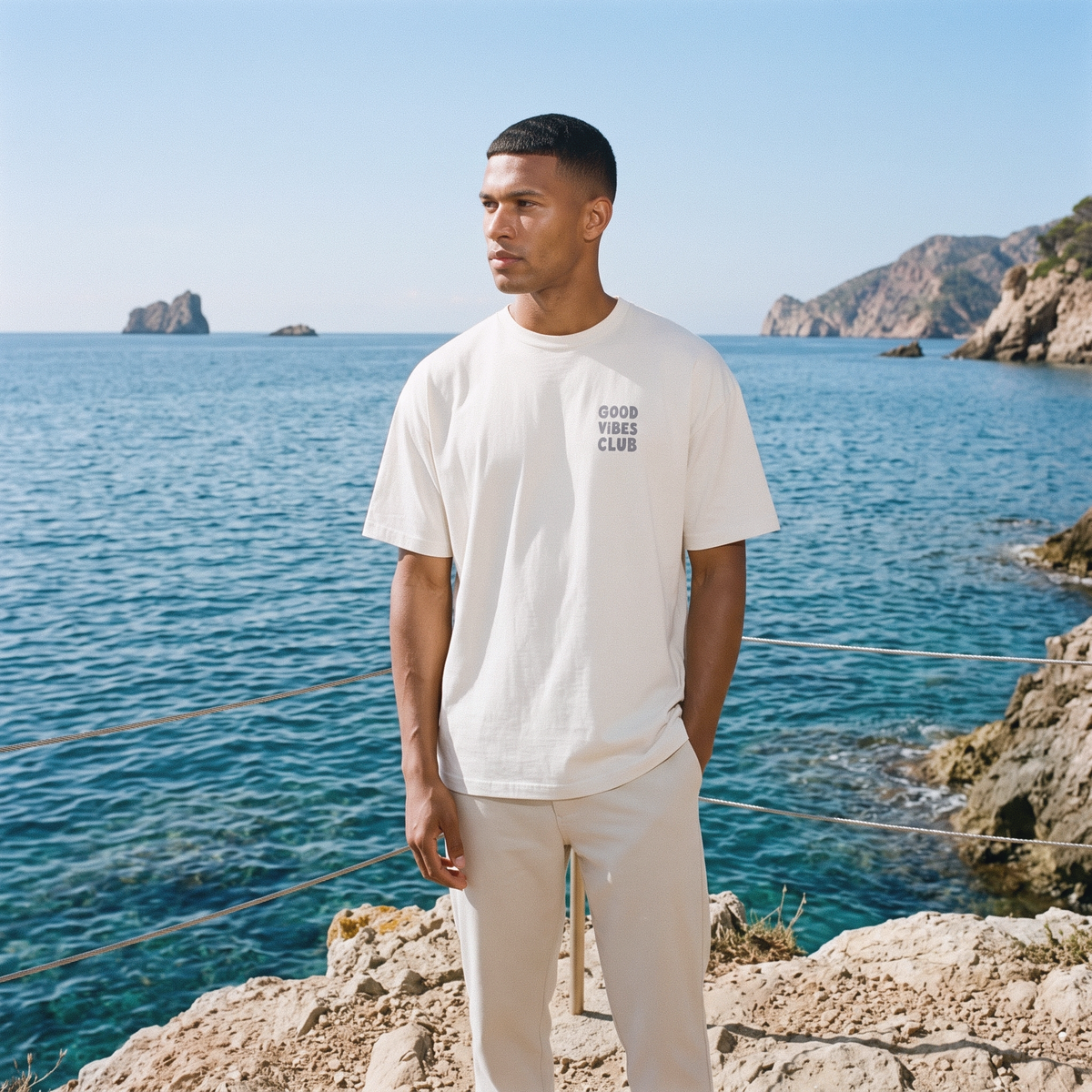 Model wearing the Bone Oversized Club Tee by the coast.