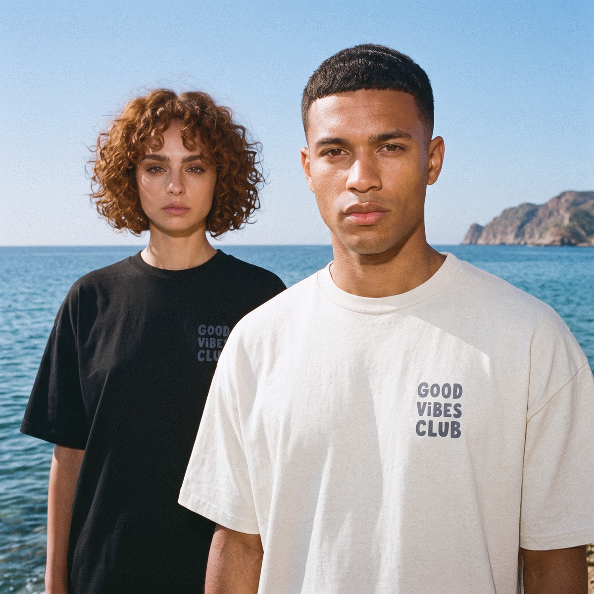 Models wearing the Black and Bone Oversized Club Tees by the sea.